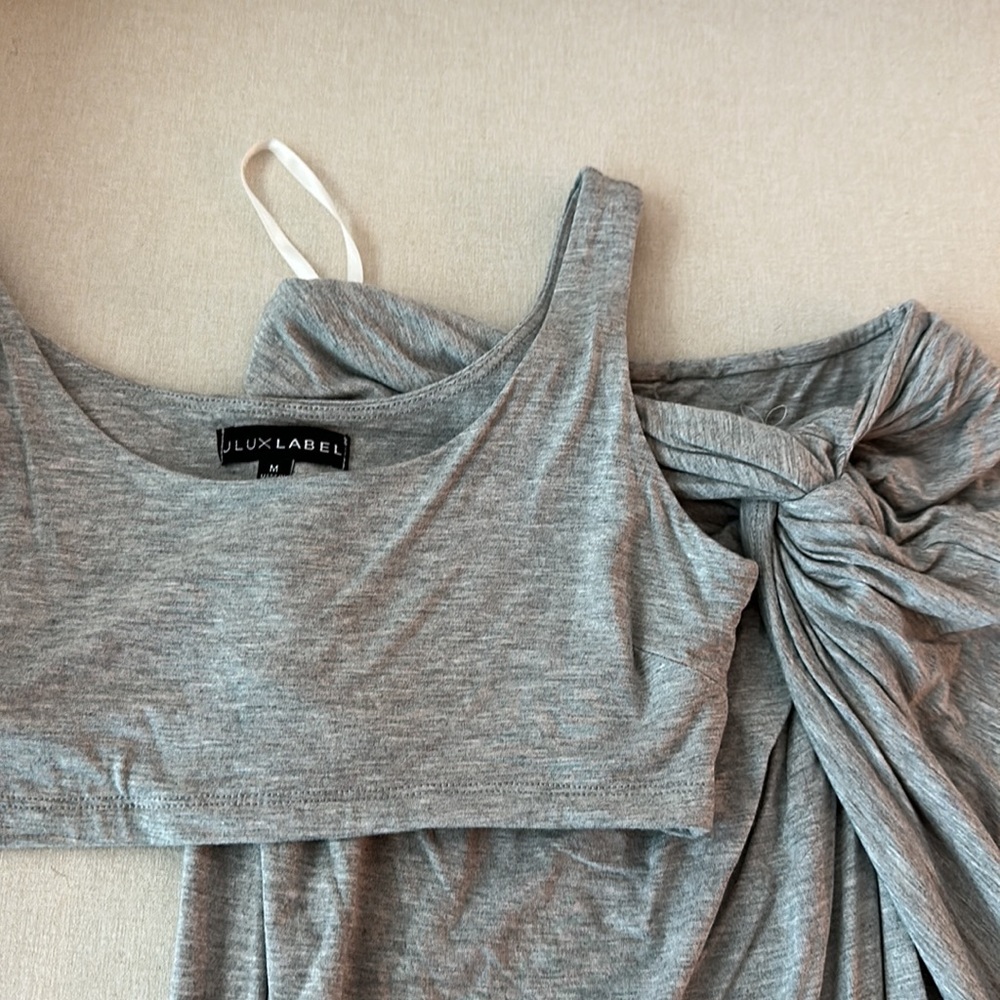 JLUXLABEL two piece skirts up, gray colored, high slit, size medium, worn once.